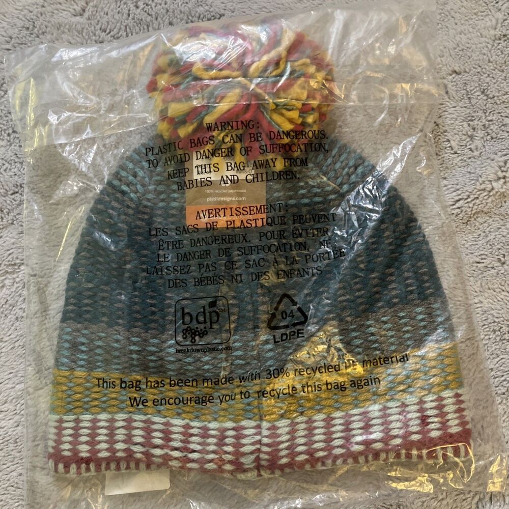 Pistil Women's Circus Beanie Hat Teal Multicolor Pom Winter Knit Ski Cap - Picture 3 of 5